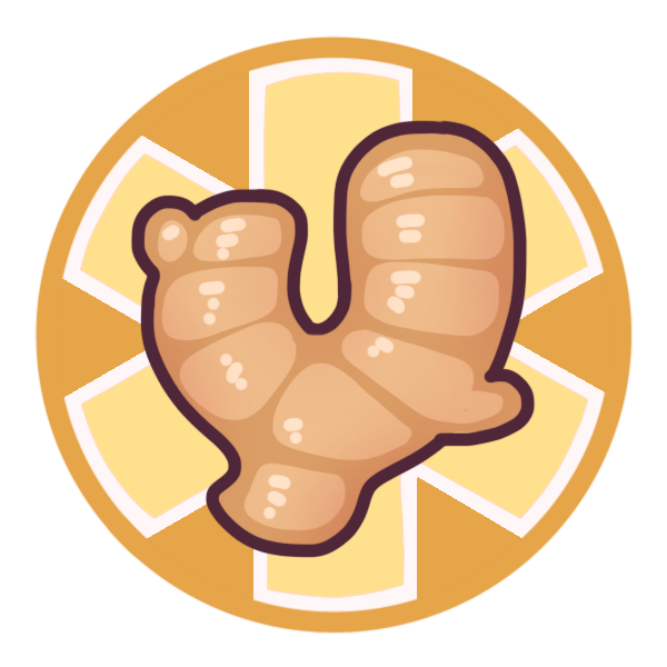 a yellow circle with a large medical alert asterisk inside it, and a ginger root pictured in the center.